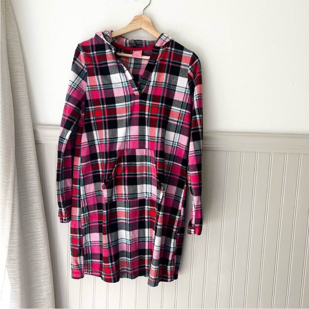 Jenni Cozy Plaid Hooded Pajama Gown Small Pink Red Fleece Lounge Nightgown